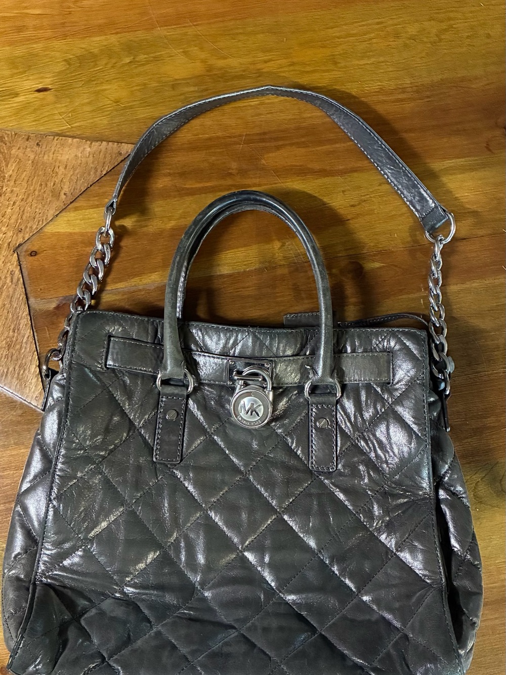Michael Kors Quilted Metallic Gray Silver Shoulder Tote handbag bag with Lock MK